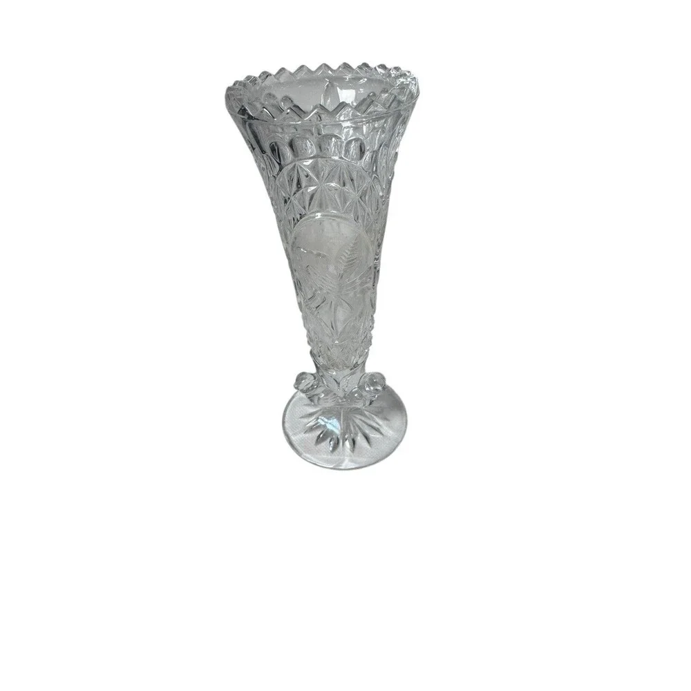 Hofbauer Byrdes Cut Crystal 7” Tall Vase with Sawtooth Edge Birds Fast Shipping